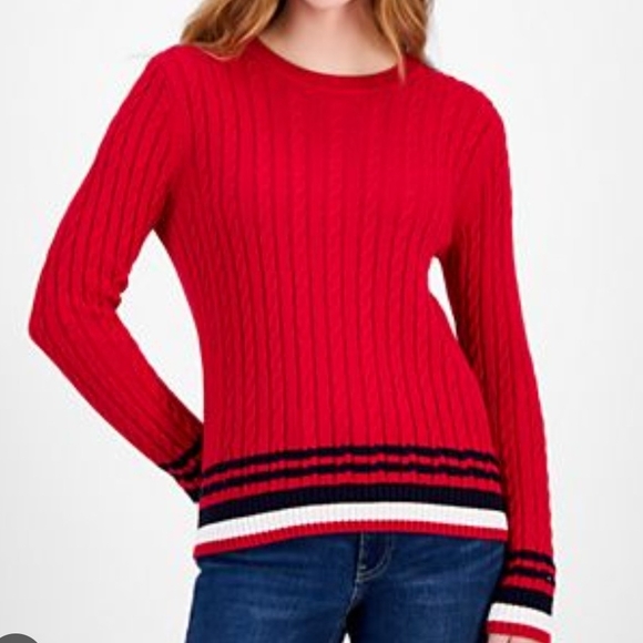 Tommy Hilfiger Sweaters - Pre-owned Tommy Hilfiger Red Sweater with Striped Hem